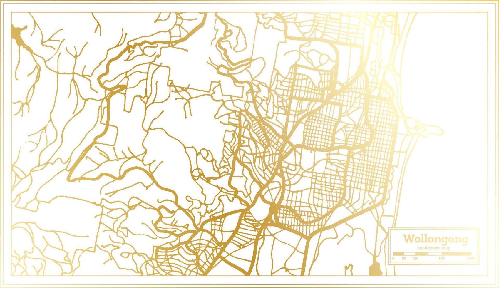 mapa de la ciudad de wollongong australia en estilo retro en color dorado. esquema del mapa. vector