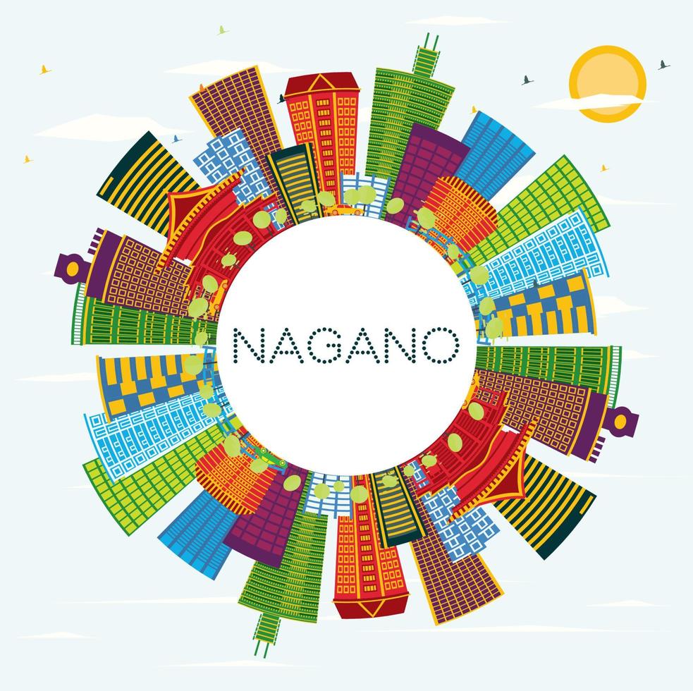 horizonte de la ciudad de nagano japón con edificios de color, cielo azul y espacio para copiar. vector