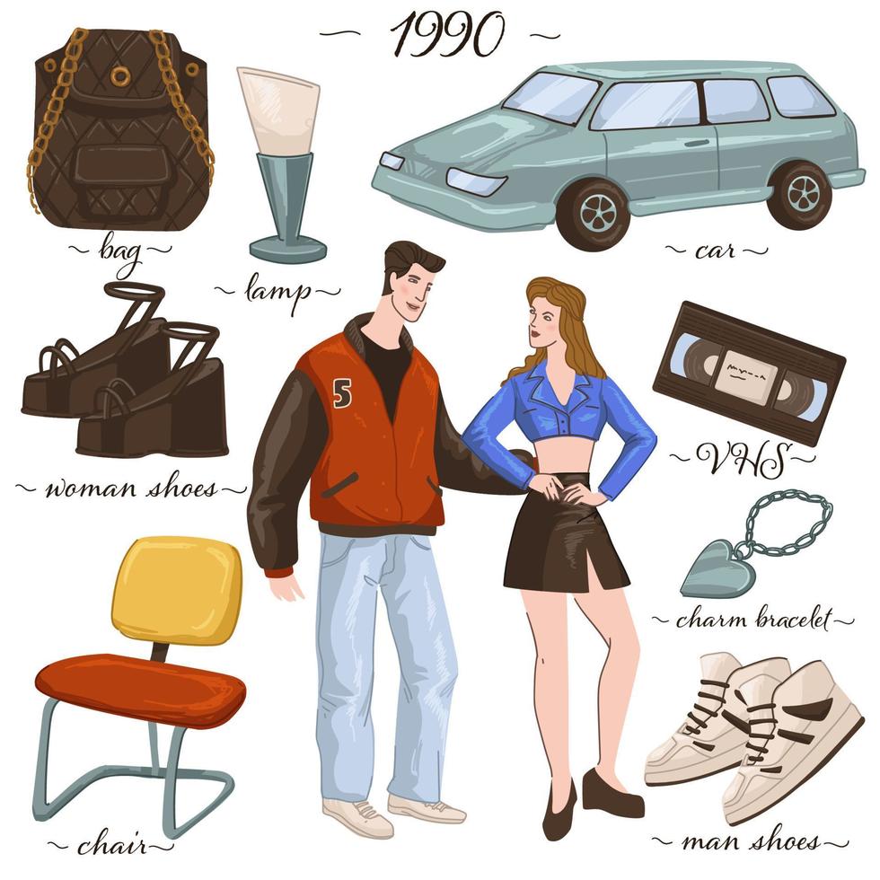 Fashion and clothes, furniture and objects of 90s vector