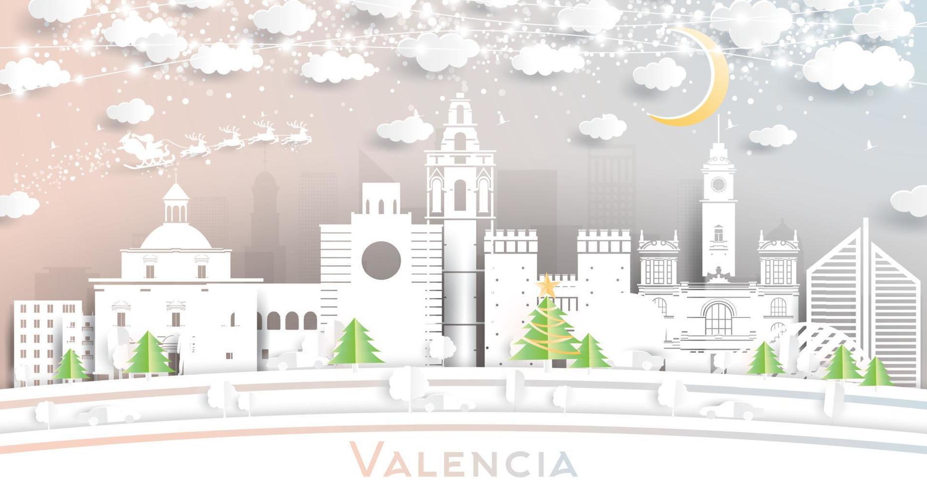 horizonte de la ciudad de valencia españa en estilo de corte de papel con copos de nieve, luna y guirnalda de neón. vector