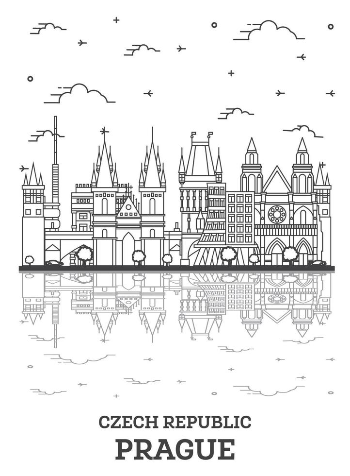 Outline Prague Czech Republic City Skyline with Historic Buildings and Reflections Isolated on White. vector