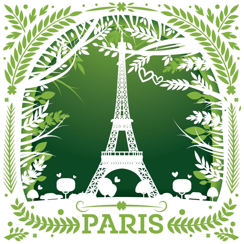 Greeting Card with Eiffel Tower in Paris. Template with Leaves for Laser Cutting. vector