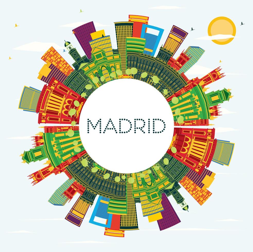 horizonte de la ciudad de madrid españa con edificios de color, cielo azul y espacio de copia. vector