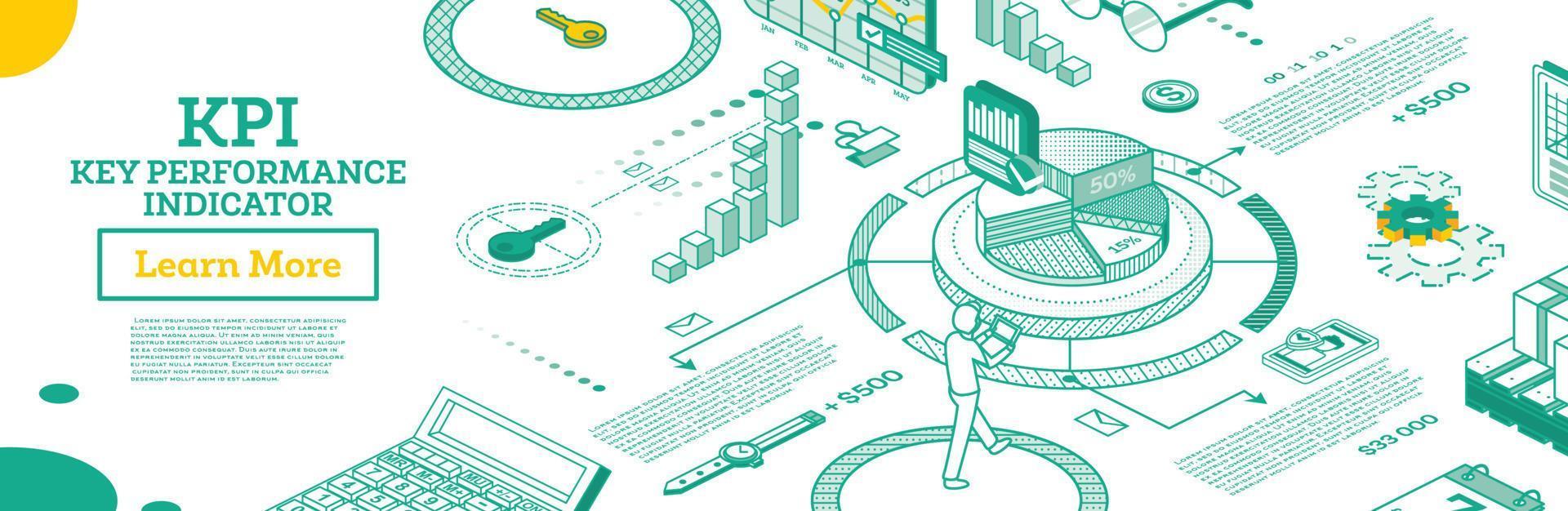 indicador clave de rendimiento kpi. concepto isométrico de estrategia y análisis de rendimiento empresarial. vector