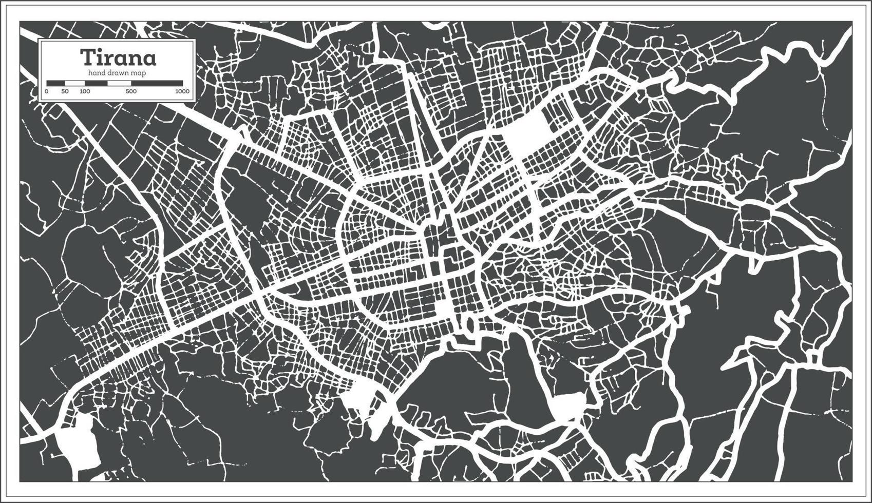 mapa de la ciudad de tirana albania en color blanco y negro en estilo retro. esquema del mapa. vector