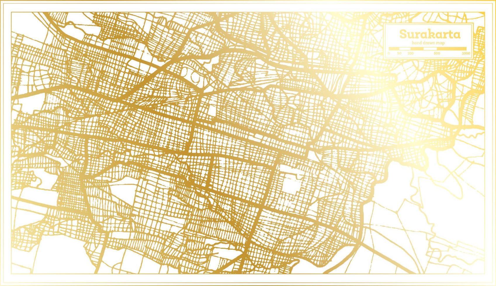 mapa de la ciudad de surakarta indonesia en estilo retro en color dorado. esquema del mapa. vector