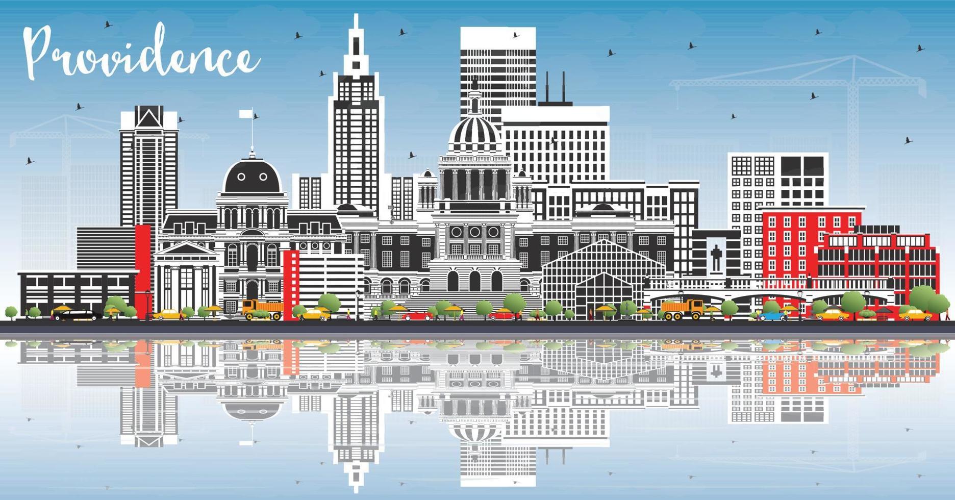 Providence Rhode Island City Skyline with Color Buildings, Blue Sky and Reflections. vector