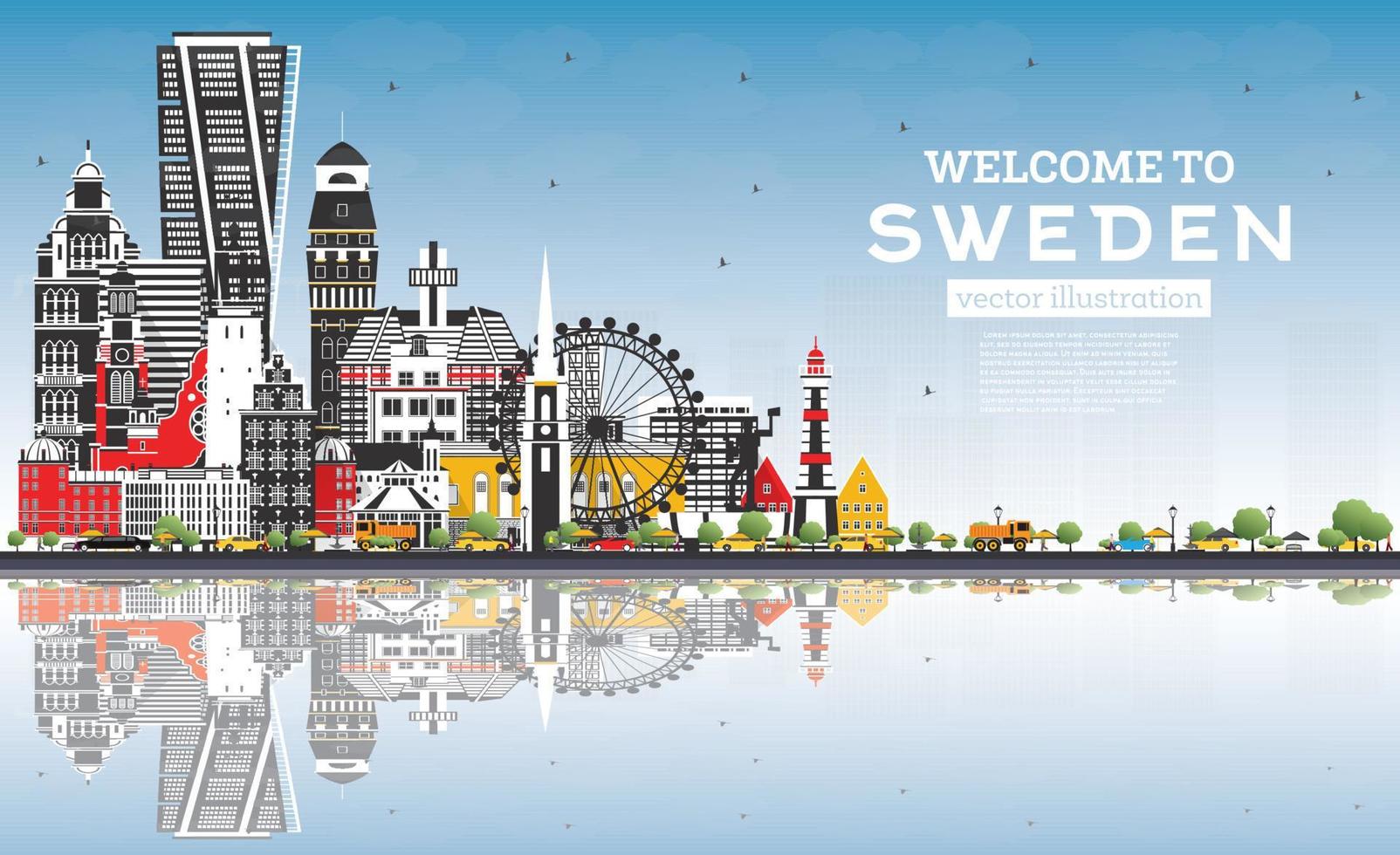 Welcome to Sweden. City Skyline with Gray Buildings, Blue Sky and Reflections. vector