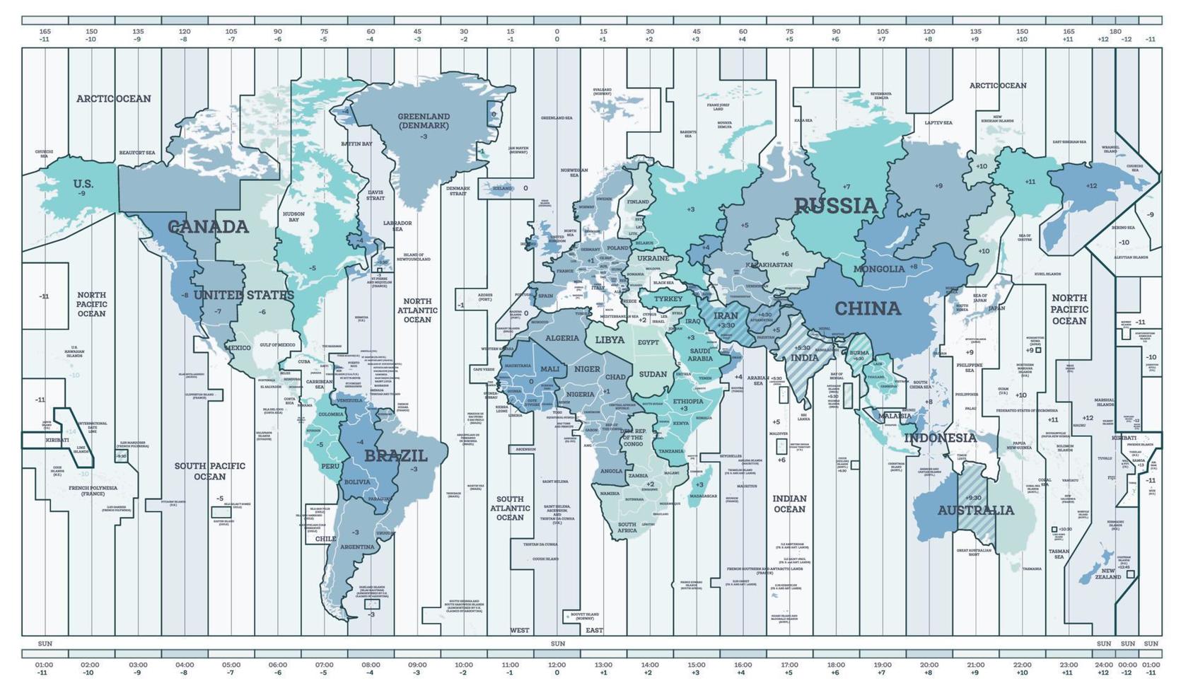 mapa azul de la zona horaria. mapa detallado del mundo con nombres de países. vector