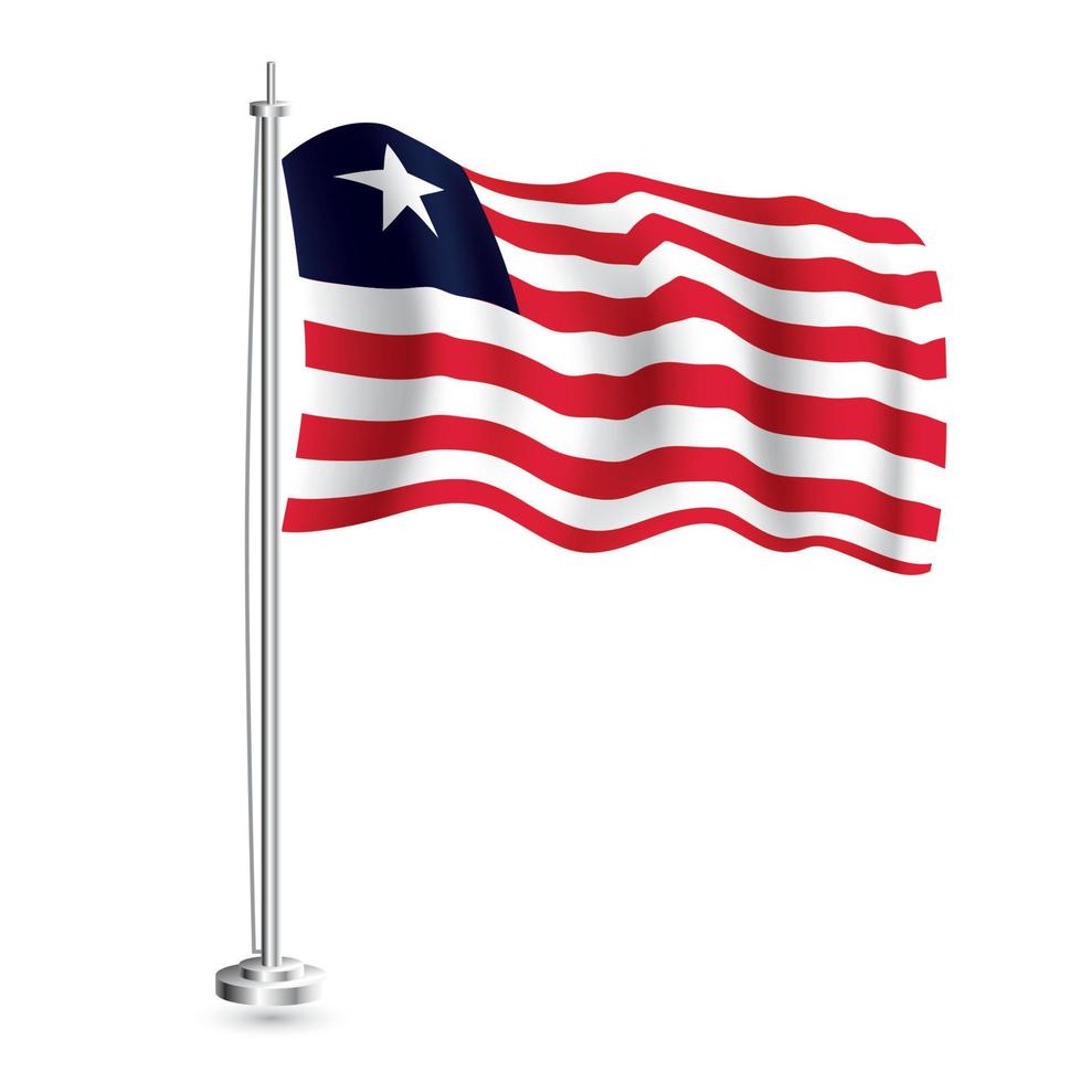 Liberian Flag. Isolated Realistic Wave Flag of Liberia Country on Flagpole. vector