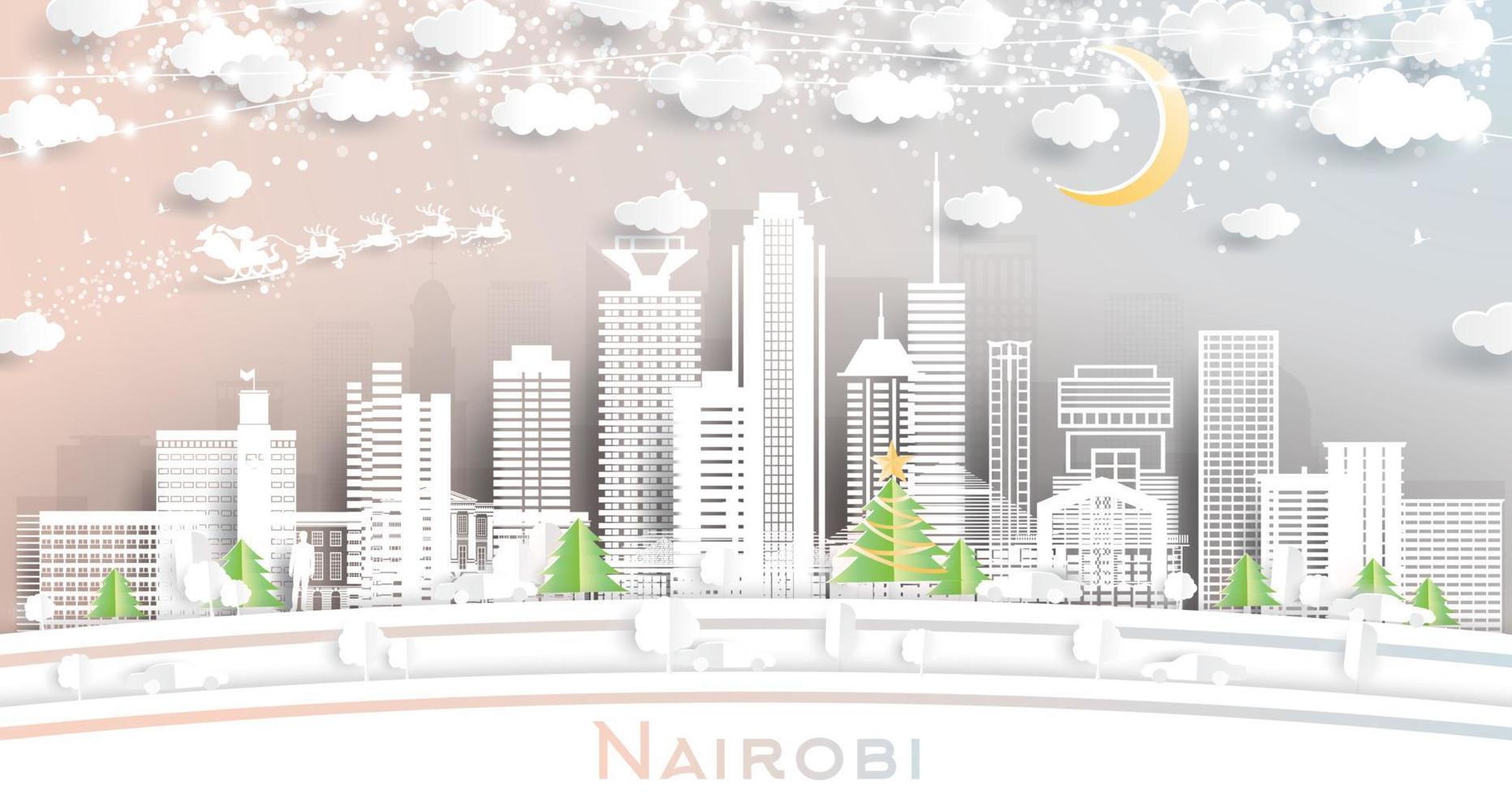 horizonte de la ciudad de nairobi kenia en estilo de corte de papel con copos de nieve, luna y guirnalda de neón. vector