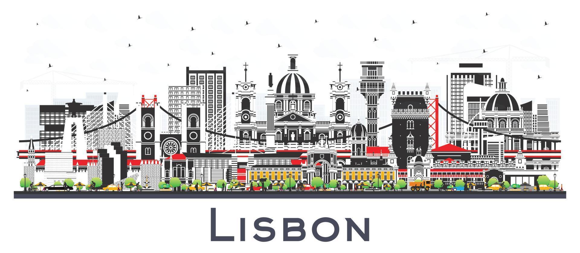 horizonte de la ciudad de lisboa portugal con edificios de color aislados en blanco. vector