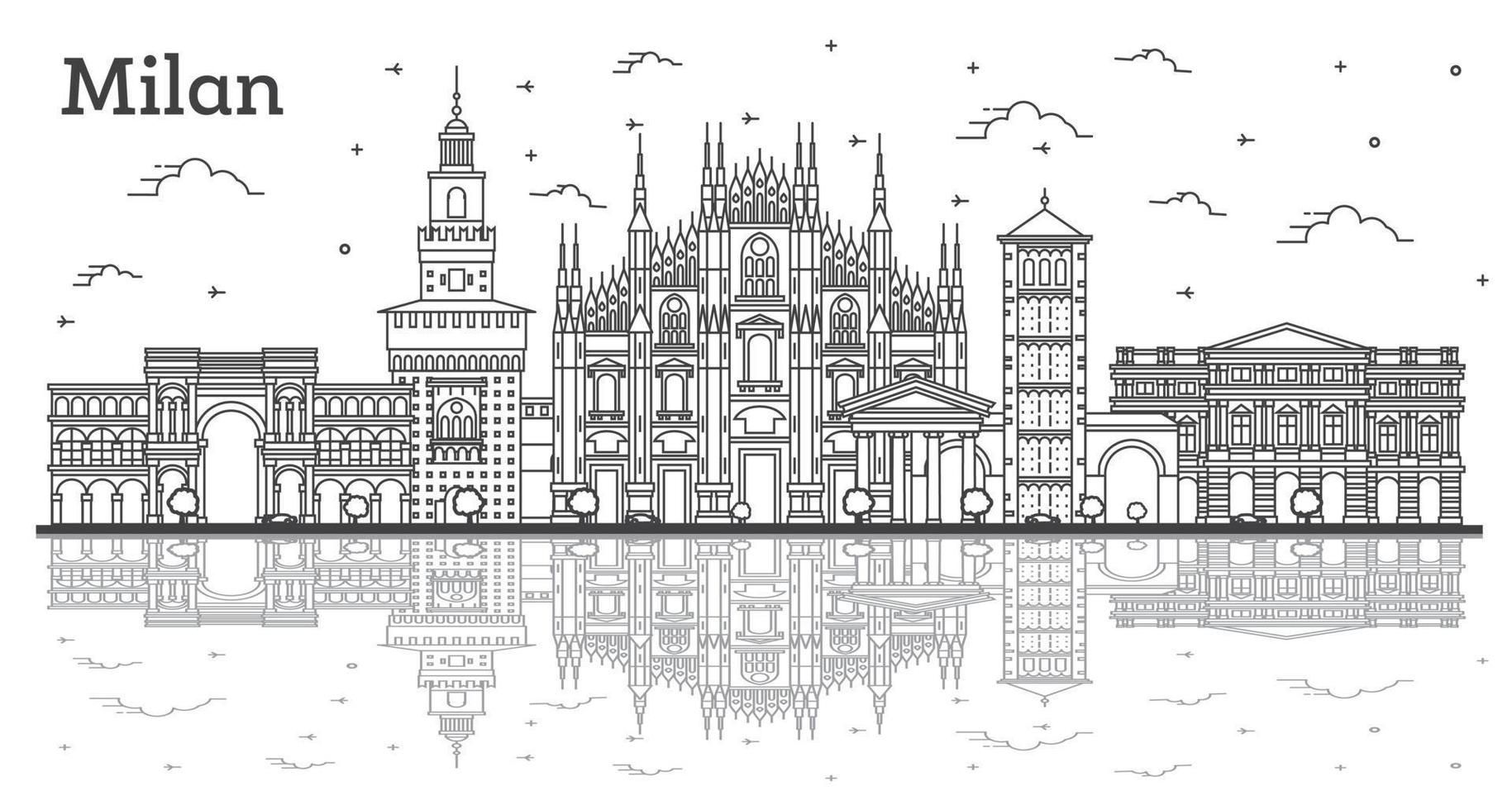 Outline Milan Italy City Skyline with Reflections and Historic Buildings Isolated on White. vector