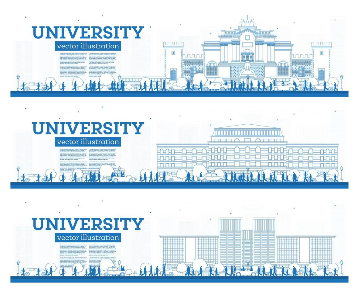 esbozar el conjunto del campus universitario. estudiar pancartas. los estudiantes van al edificio principal de la universidad. vector