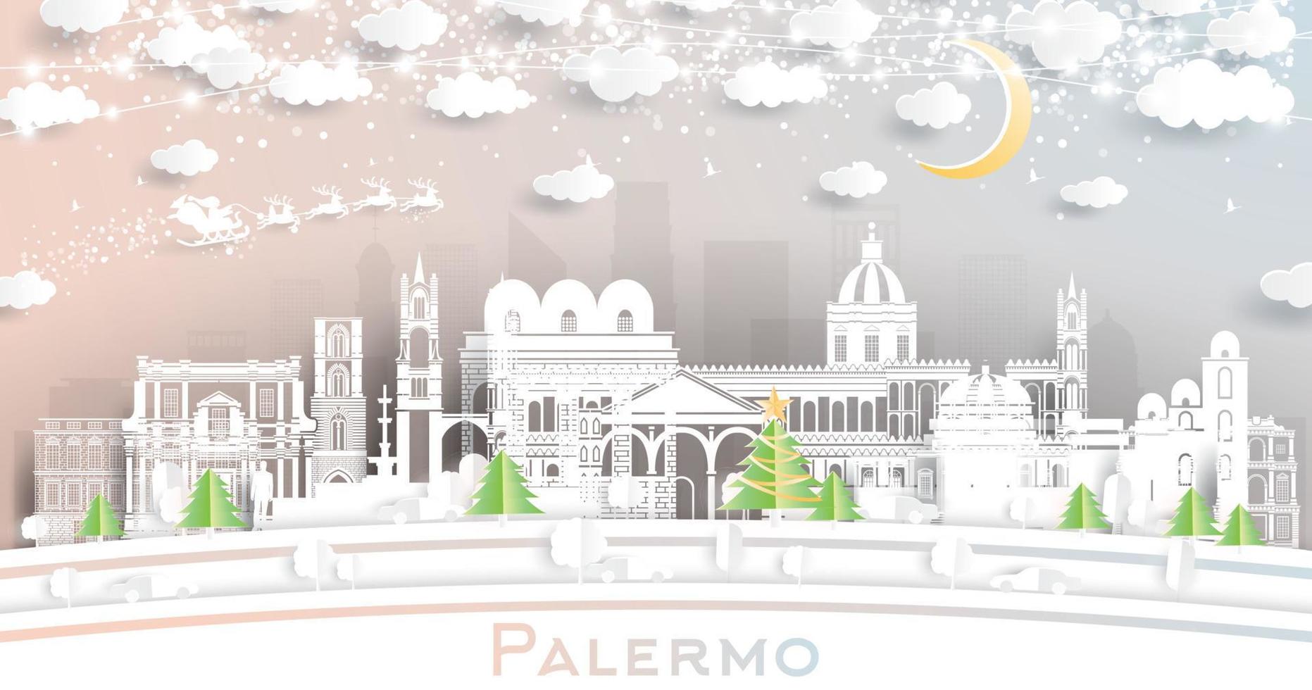 horizonte de la ciudad de palermo italia en estilo de corte de papel con copos de nieve, luna y guirnalda de neón. vector