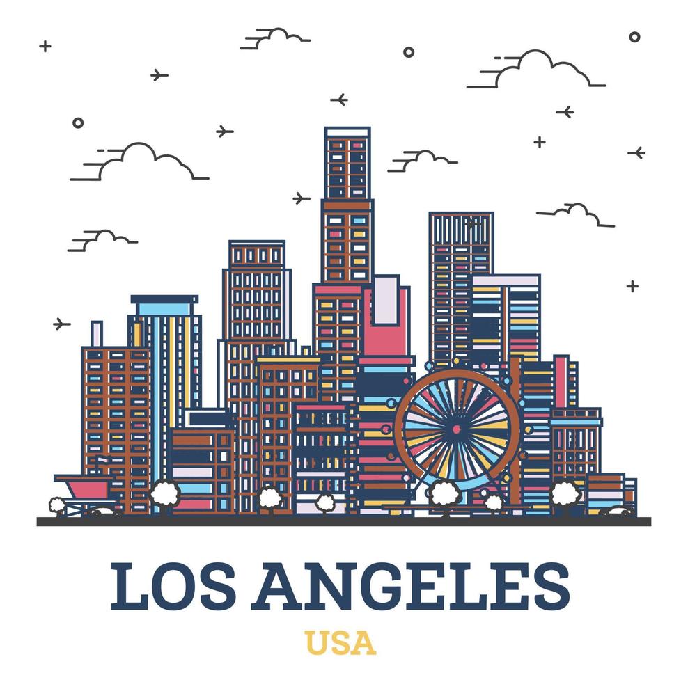 Outline Los Angeles California City Skyline with Colored Modern Buildings Isolated on White. vector