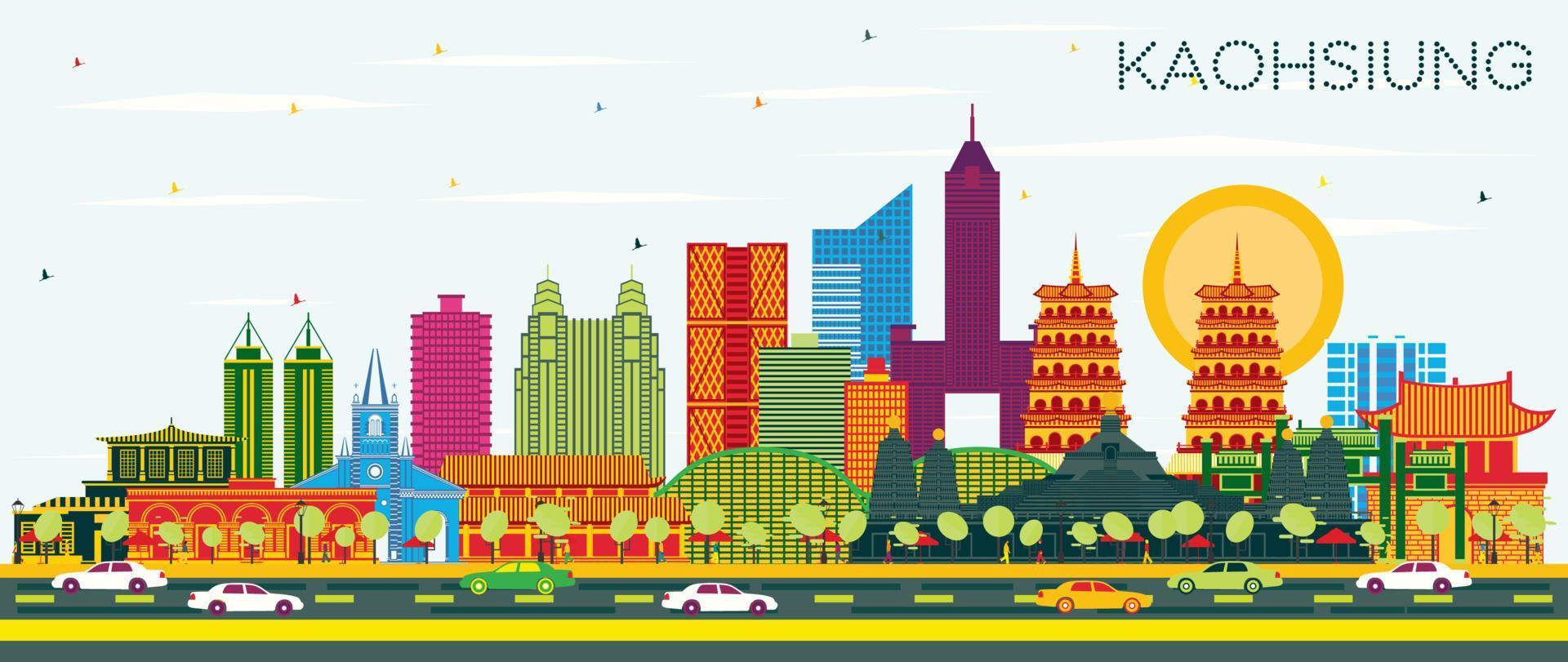 Kaohsiung Taiwan City Skyline with Color Buildings and Blue Sky. vector