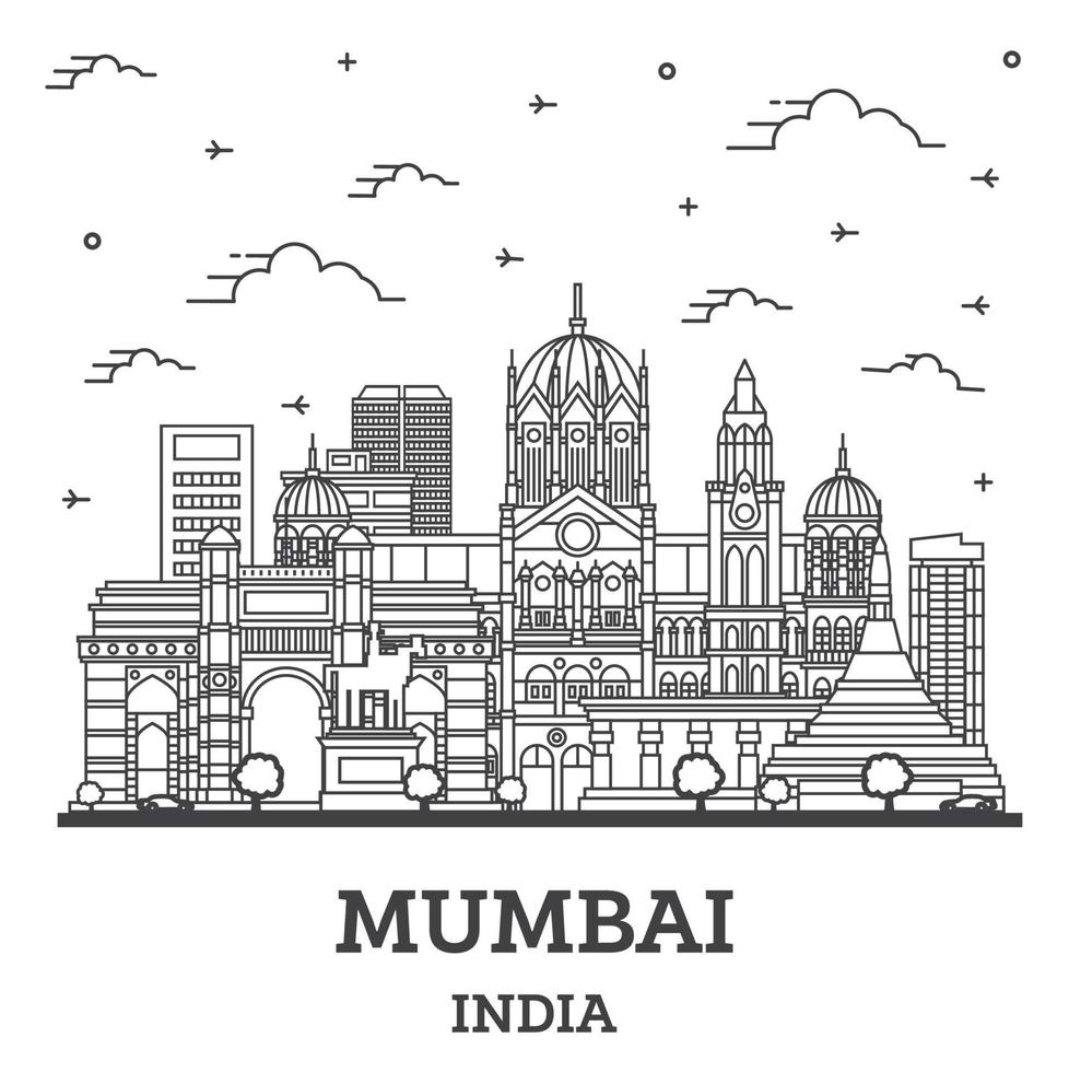 delinear el horizonte de la ciudad de mumbai india con edificios históricos aislados en blanco. vector