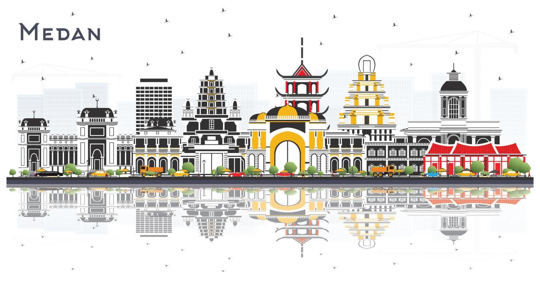 horizonte de la ciudad de medan indonesia con edificios de color y reflejos aislados en blanco. vector