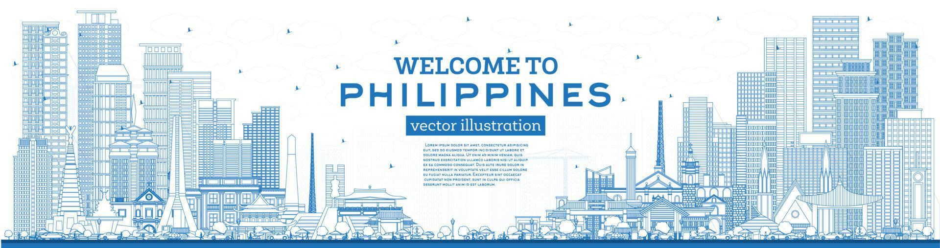 Outline Welcome to Philippines City Skyline with Blue Buildings. vector