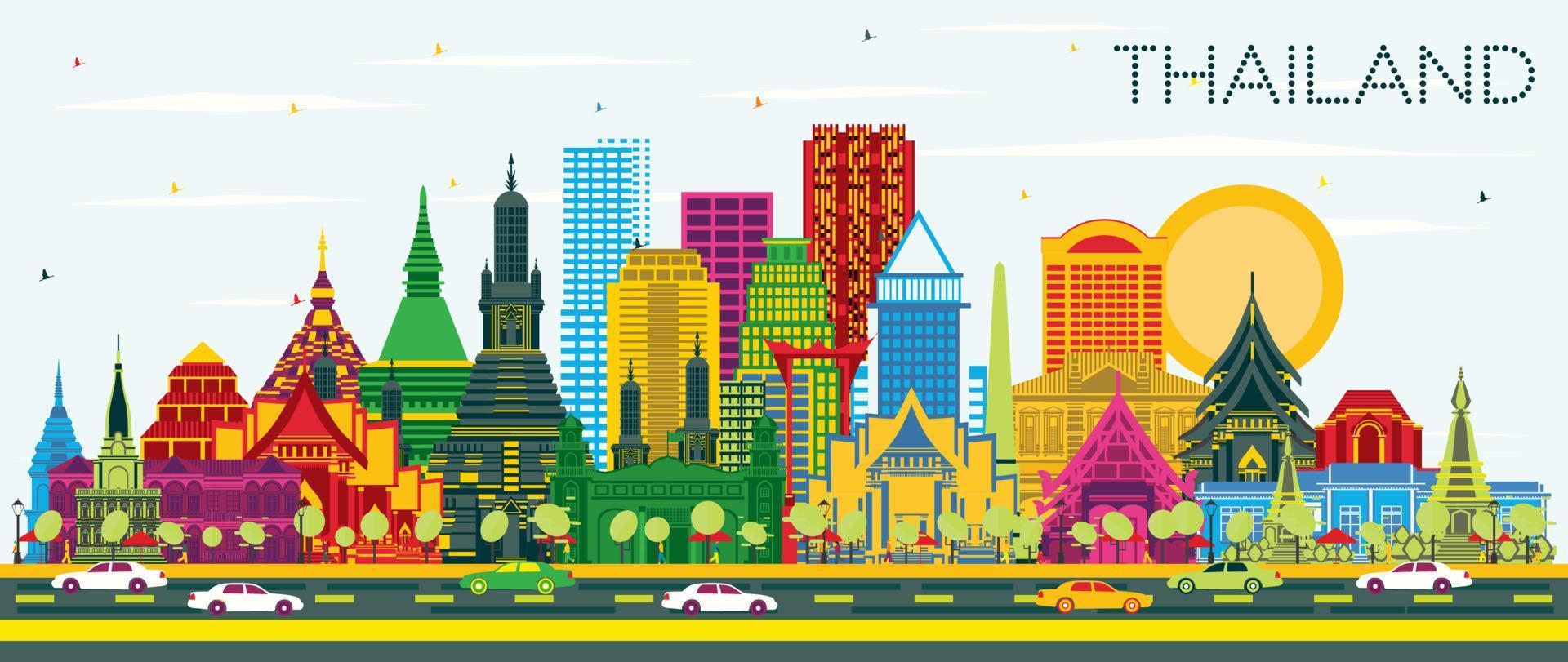 horizonte de la ciudad de tailandia con edificios de color y cielo azul. vector