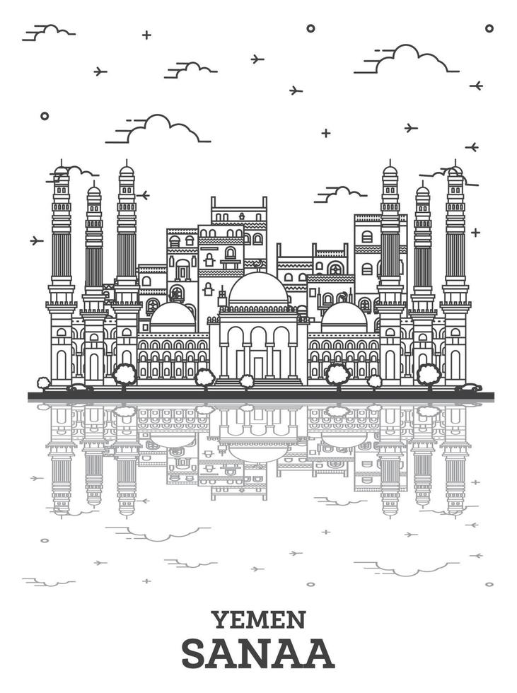 delinear el horizonte de la ciudad de sanaa yemen con edificios históricos y reflejos aislados en blanco. vector