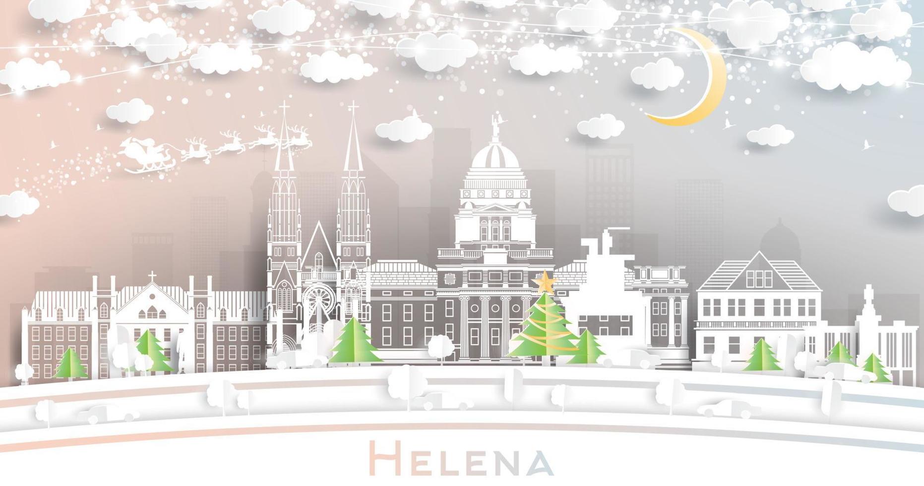 Helena Montana City Skyline in Paper Cut Style with Snowflakes, Moon and Neon Garland. vector