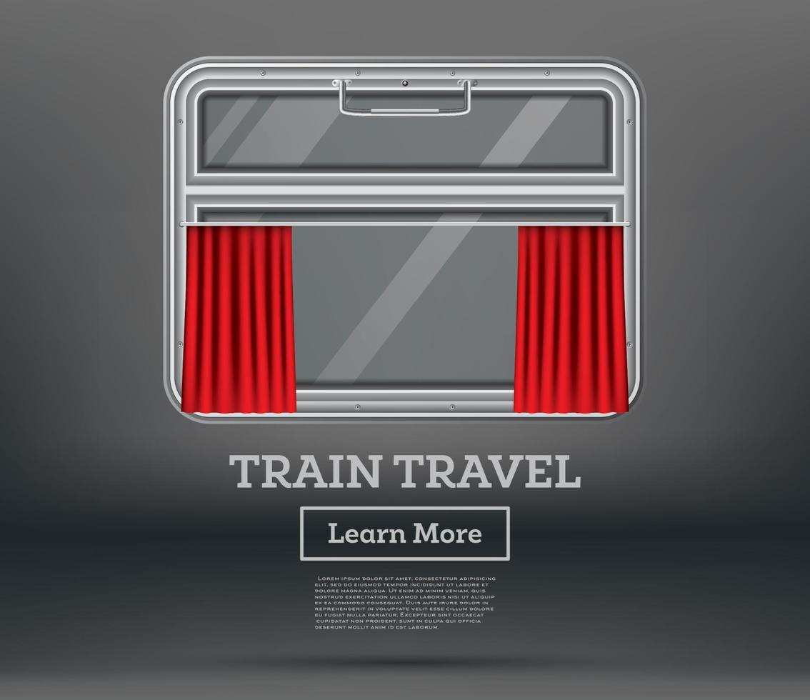 Train Window with Red Curtain. Window with Handle. Train Travel. vector