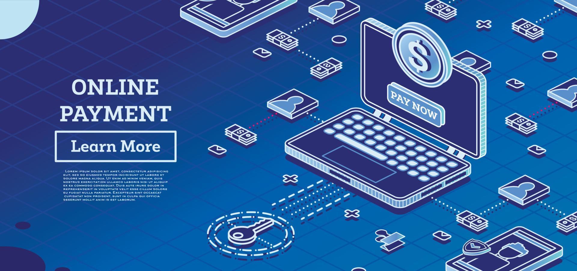 pago en línea con computadora portátil y moneda de dólar. vector