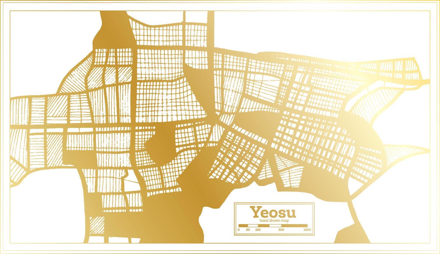 mapa de la ciudad de yeosu corea del sur en estilo retro en color dorado. esquema del mapa. vector