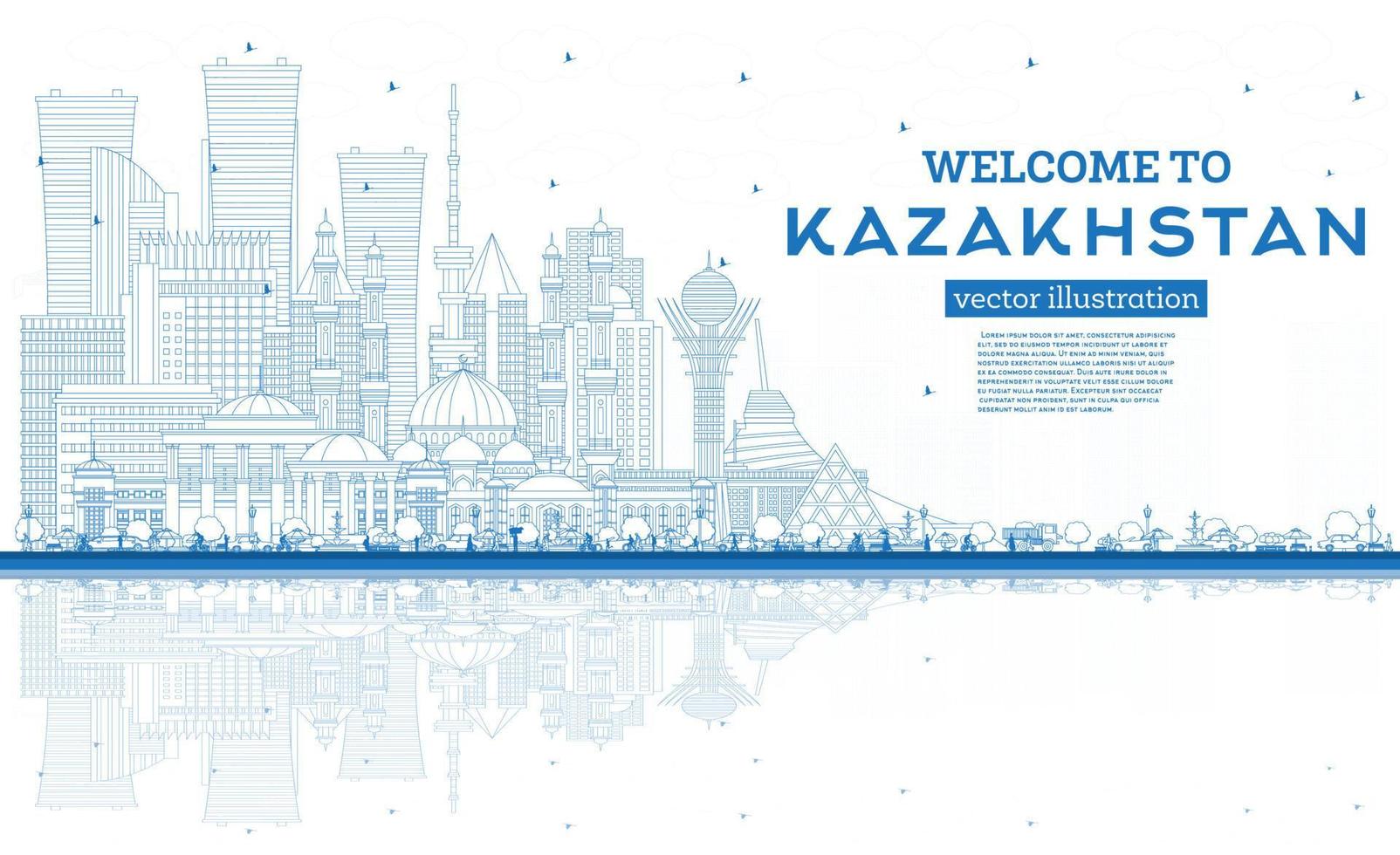 esquema de bienvenida a kazajstán. horizonte de la ciudad con edificios azules y reflejos. vector