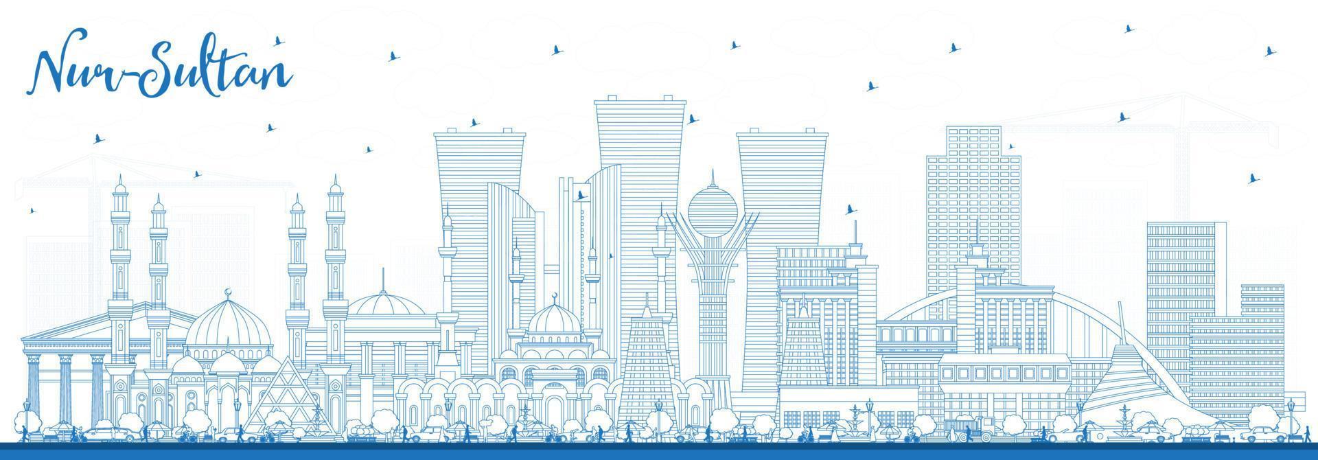 Outline Nur-Sultan Kazakhstan City Skyline with Blue Buildings. vector