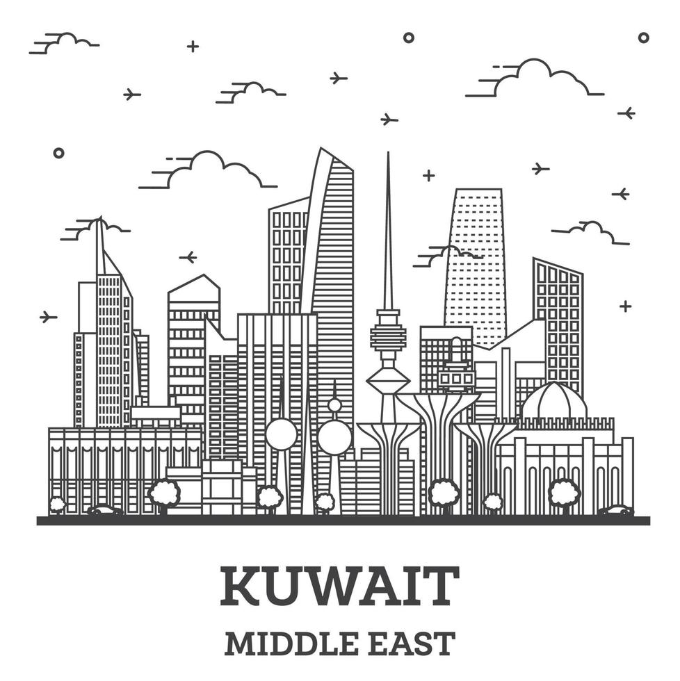 Outline Kuwait City Skyline with Modern Buildings Isolated on White. vector