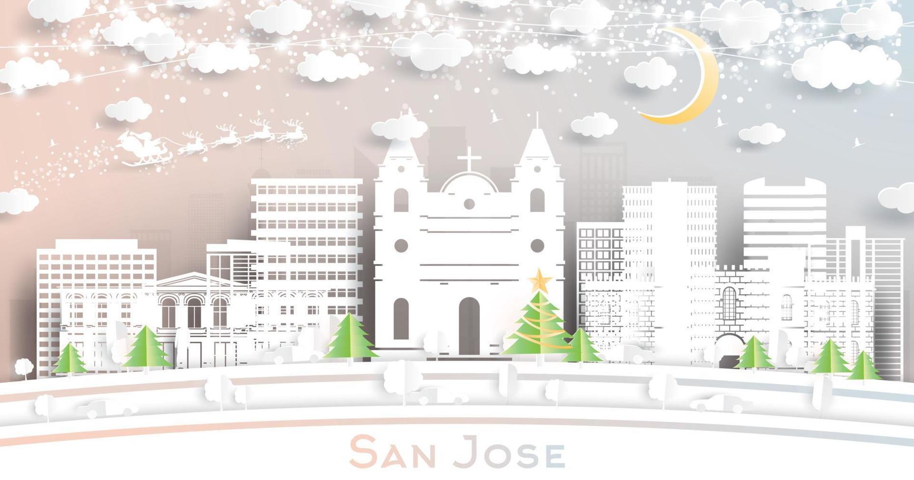 San Jose Costa Rica City Skyline in Paper Cut Style with Snowflakes, Moon and Neon Garland. vector