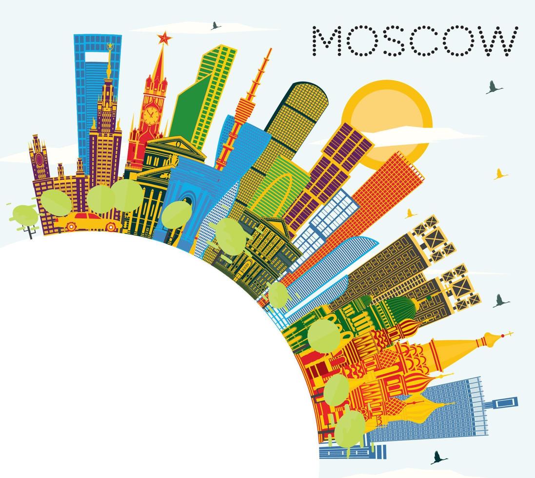 el horizonte de la ciudad de moscú, rusia, con edificios de color, cielo azul y espacio para copiar. vector