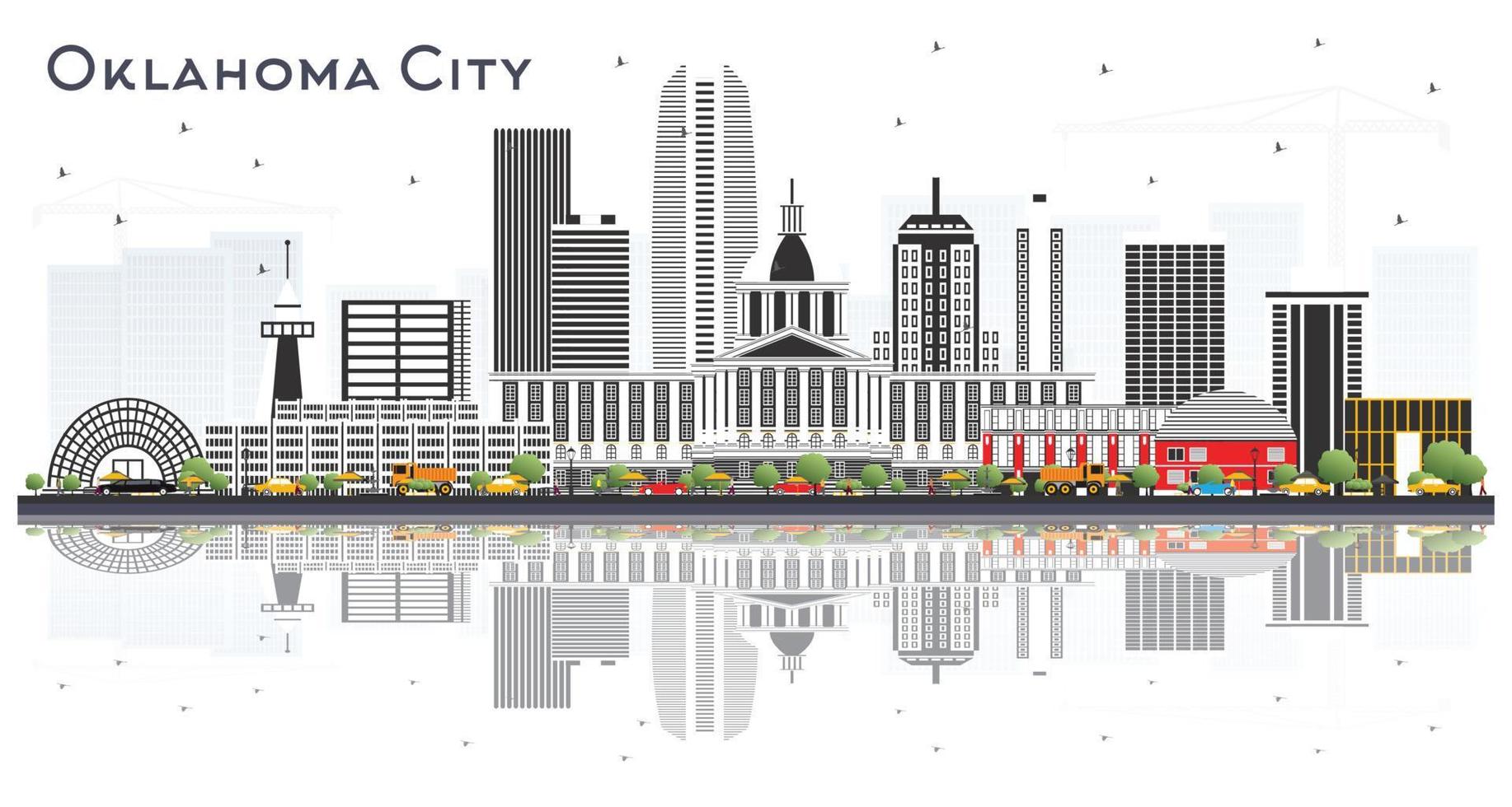 horizonte de la ciudad de oklahoma usa con edificios grises y reflejos aislados en blanco. vector