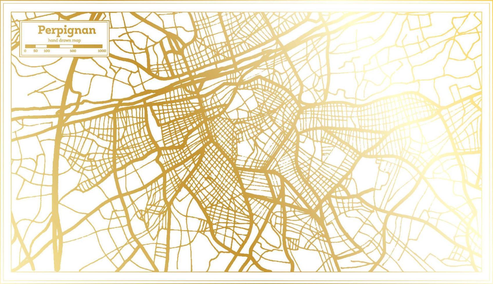 mapa de la ciudad de perpignan francia en estilo retro en color dorado. esquema del mapa. vector