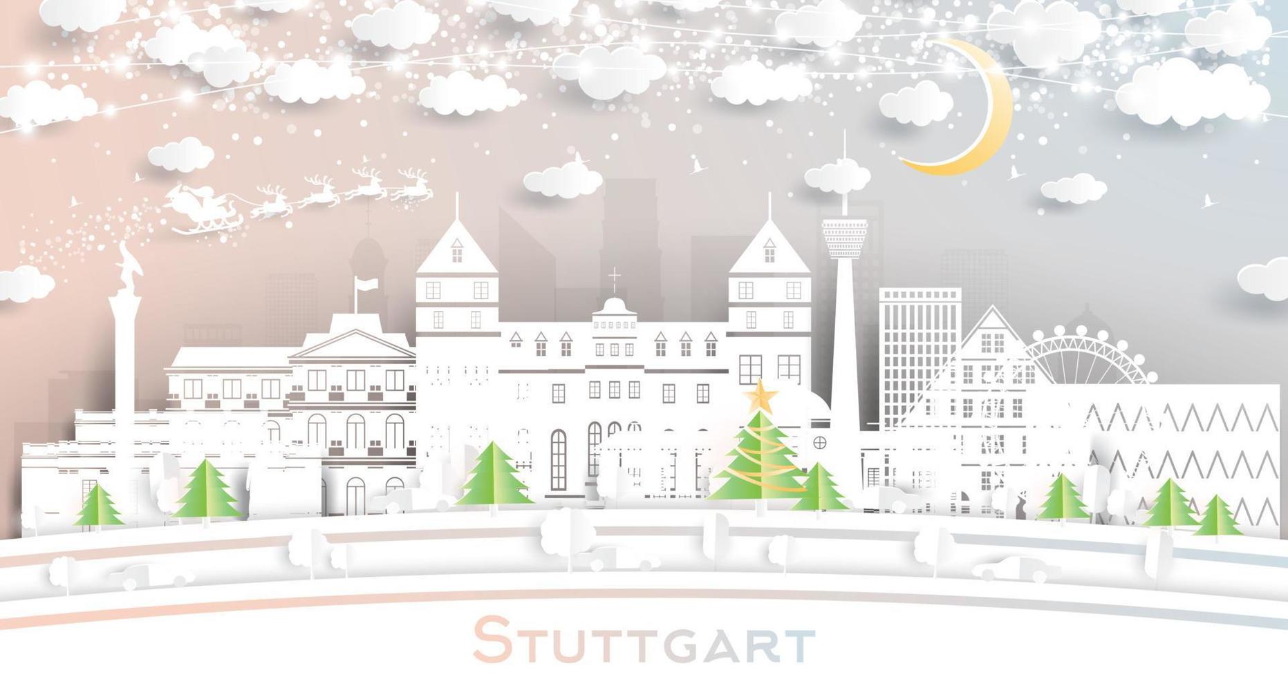 el horizonte de la ciudad de stuttgart, alemania, en estilo de corte de papel con copos de nieve, luna y guirnaldas de neón. vector