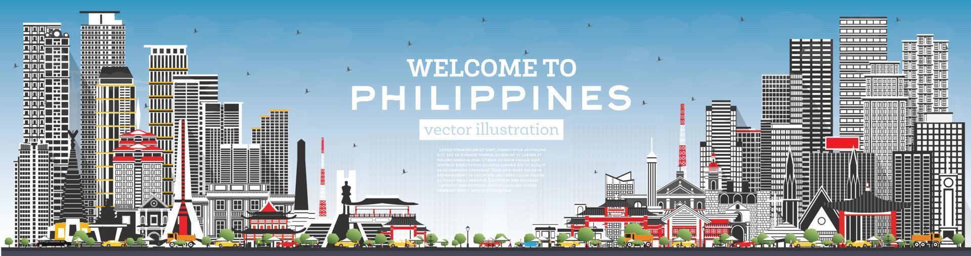 bienvenido al horizonte de la ciudad de filipinas con edificios grises y cielo azul. vector