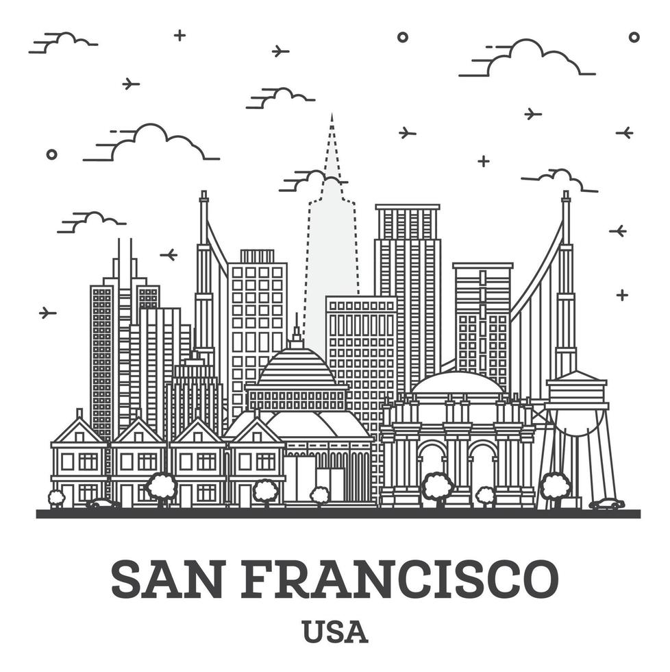 delinear el horizonte de la ciudad de san francisco california con edificios modernos aislados en blanco. vector