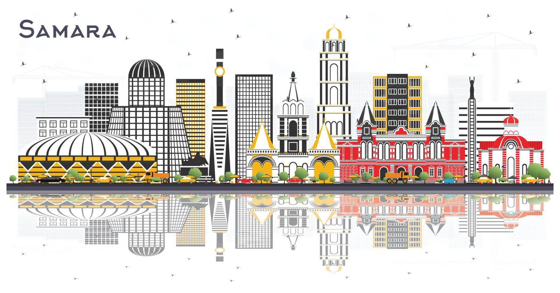 Samara Russia City Skyline with Color Buildings and Reflections Isolated on White. vector
