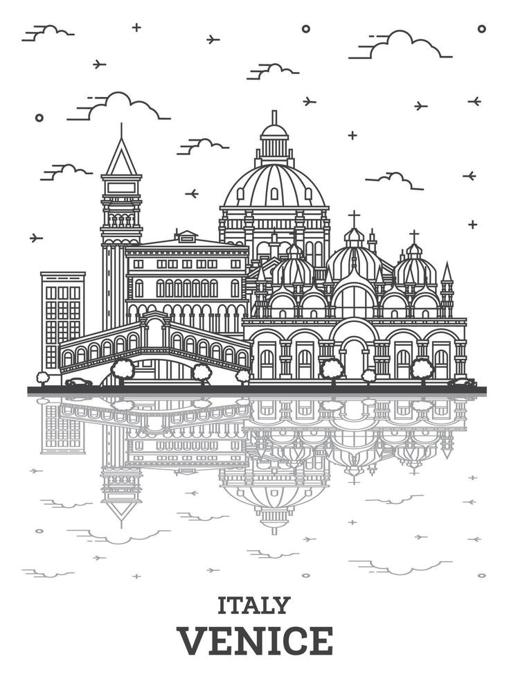 Outline Venice Italy City Skyline with Historic Buildings and Reflections Isolated on White. vector