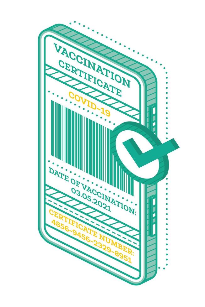 Vaccination Certificate on Screen of Smartphone with Barcode. Isometric International Certificate of Immunization. vector