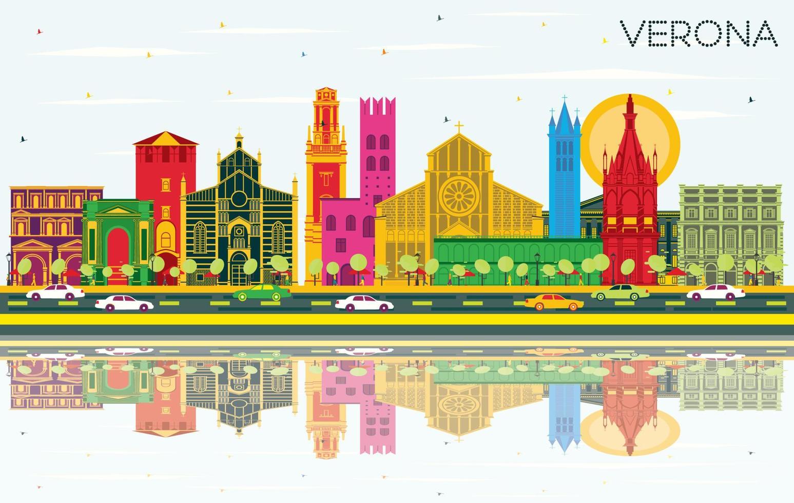 Verona Italy City Skyline with Color Buildings, Blue Sky and Reflections. vector