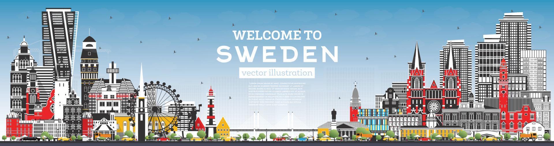 Welcome to Sweden. City Skyline with Gray Buildings and Blue Sky. vector