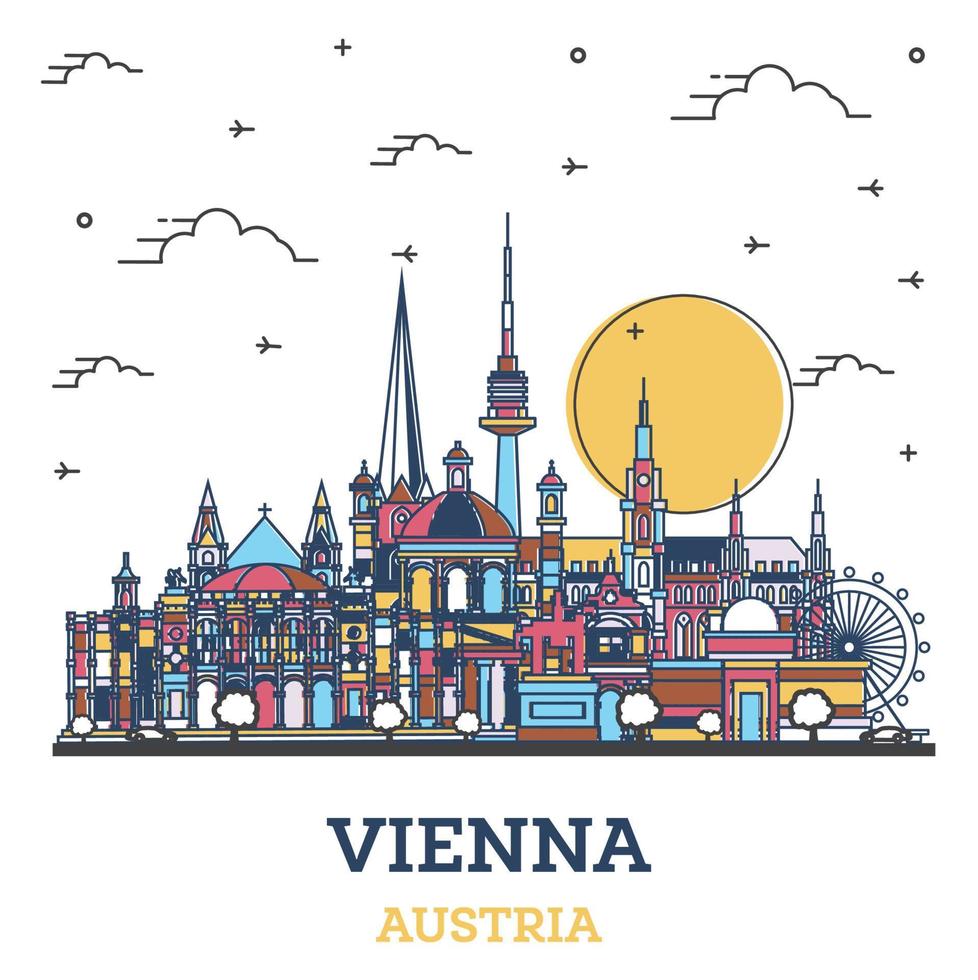 Outline Vienna Austria City Skyline with Colored Historic Buildings Isolated on White. vector