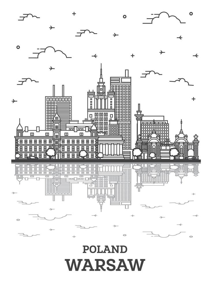 Outline Warsaw Poland City Skyline with Modern Buildings and Reflections Isolated on White. vector