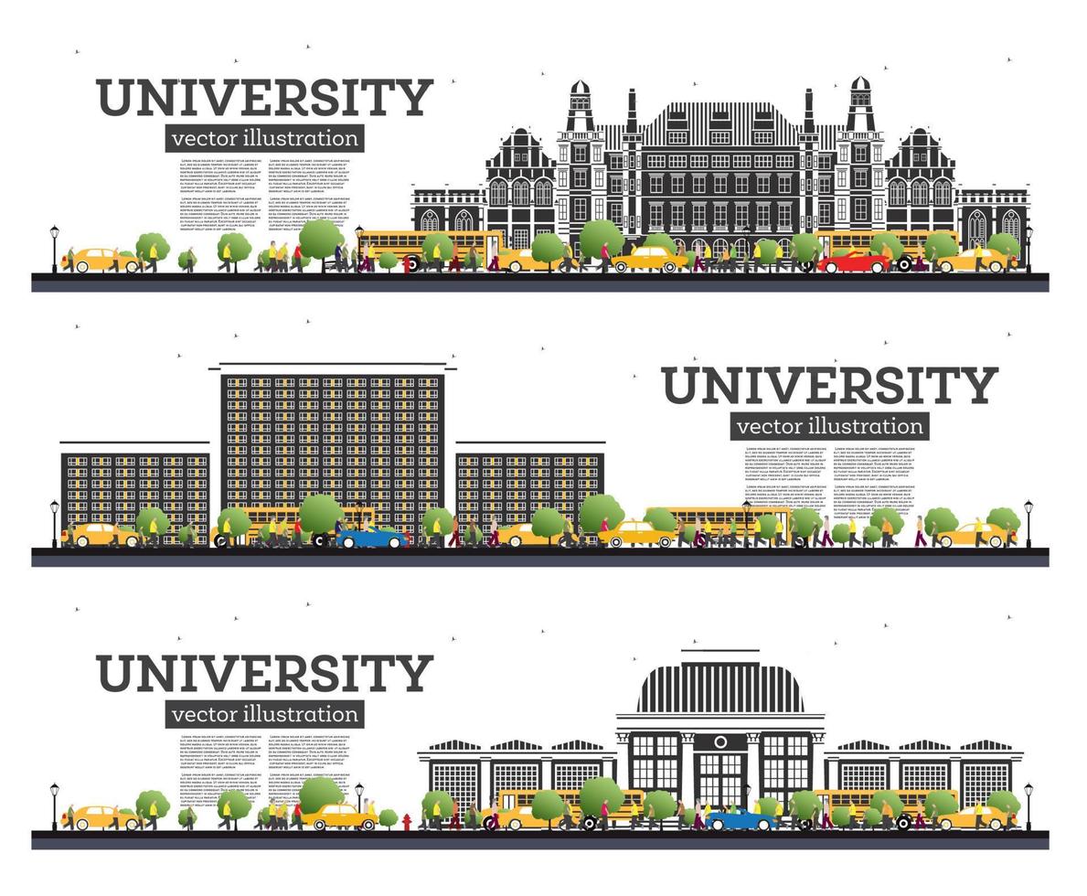 conjunto de campus universitario. estudiar pancartas aisladas en blanco. vector