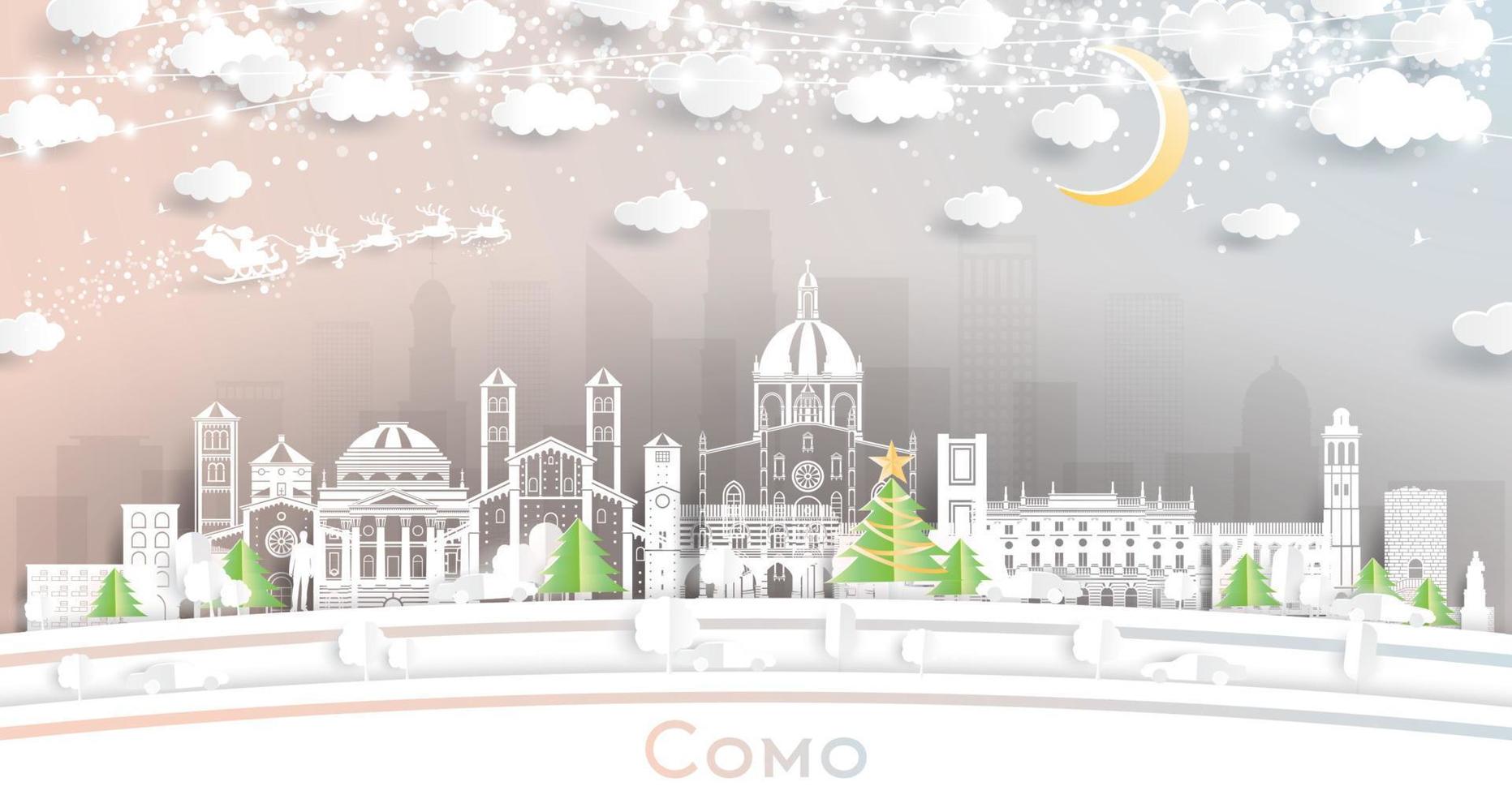 Como Italy City Skyline in Paper Cut Style with Snowflakes, Moon and Neon Garland. vector