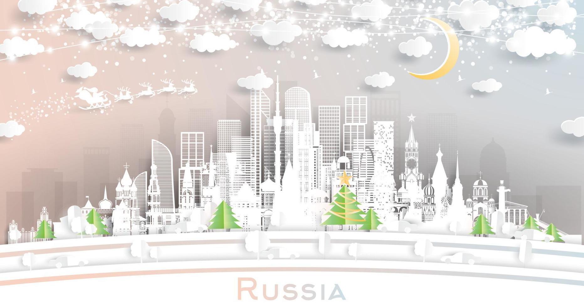 Russia Winter Skyline in Paper Cut Style with Snowflakes, Moon and Neon Garland. vector